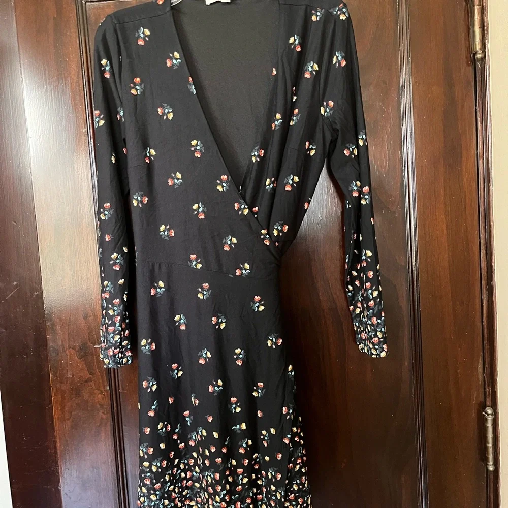 Loft Ann Taylor Black Floral Wrap Dress Long Sleeve Tie Waist Stretch - Picture 2 of 9